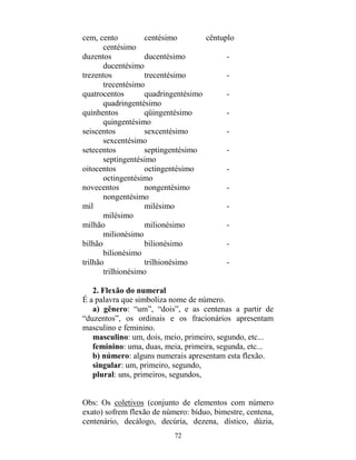 72
cem, cento centésimo cêntuplo
centésimo
duzentos ducentésimo -
ducentésimo
trezentos trecentésimo -
trecentésimo
quatrocentos quadringentésimo -
quadringentésimo
quinhentos qüingentésimo -
quingentésimo
seiscentos sexcentésimo -
sexcentésimo
setecentos septingentésimo -
septingentésimo
oitocentos octingentésimo -
octingentésimo
novecentos nongentésimo -
nongentésimo
mil milésimo -
milésimo
milhão milionésimo -
milionésimo
bilhão bilionésimo -
bilionésimo
trilhão trilhionésimo -
trilhionésimo
2. Flexão do numeral
É a palavra que simboliza nome de número.
a) gênero: “um”, “dois”, e as centenas a partir de
“duzentos”, os ordinais e os fracionários apresentam
masculino e feminino.
masculino: um, dois, meio, primeiro, segundo, etc...
feminino: uma, duas, meia, primeira, segunda, etc...
b) número: alguns numerais apresentam esta flexão.
singular: um, primeiro, segundo,
plural: uns, primeiros, segundos,
Obs: Os coletivos (conjunto de elementos com número
exato) sofrem flexão de número: bíduo, bimestre, centena,
centenário, decálogo, decúria, dezena, dístico, dúzia,
 