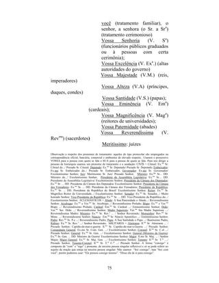 75
você (tratamento familiar), o
senhor, a senhora (o Sr. a Sra
)
(tratamento cerimonioso)
Vossa Senhoria (V. Sa
)
(funcionários públicos graduados
ou à pessoas com certa
cerimônia);
Vossa Excelência (V. Exa
.) (altas
autoridades do governo)
Vossa Majestade (V.M.) (reis,
imperadores)
Vossa Alteza (V.A) (príncipes,
duques, condes)
Vossa Santidade (V.S.) (papas);
Vossa Eminência (V. Ema
)
(cardeais);
Vossa Magnificência (V. Maga
)
(reitores de universidades);
Vossa Paternidade (abades)
Vossa Reverendíssima (V.
Revma
) (sacerdotes)
Meritíssimo: juízes
Observação a respeito dos pronomes de tratamento: aqueles do tipo protocolar são empregados na
correspondência oficial, bancária, comercial e ambientes de elevado respeito.. Usamos o possessivo
VOSSA para a pessoa com quem se fala e SUA para a pessoa de quem se fala. Para nos dirigir a
pessoas de hierarquia usamos um pronome de tratamento e a saudação: CIVÍS = Cônsul: Ex.mo
Sr.
Cônsul do.../ Prezado Sr. Cônsul; Deputado: Ex.mo
Sr. Deputado/ Prezado Sr. Deputado; Embaixador:
Ex.mo Sr. Embaixador do../ Prezado Sr. Embaixador; Governador: Ex.mo Sr. Governador/
Excelentíssimo Senhor; Juiz: Meritíssimo Sr. Juiz/ Prezado Senhor; Ministro: Ex.mo
Sr... DD.
Ministro do.../ Excelentíssimo Senhor; Presidente da Assembléia Legislativa: Ex.mo
Sr.... DD.
Presidente da Assembléia Legislativa/ Excelentíssimo Senhor; Presidente da Câmara dos Deputados:
Ex.mo
Sr. ... DD. Presidente da Câmara dos Deputados/ Excelentíssimo Senhor; Presidente da Câmara
dos Vereadores: Ex.mo
Sr. ... DD. Presidente da Câmara dos Vereadores; Presidente da República:
Ex.mo
Sr. ... DD. Presidente da República do Brasil/ Excelentíssimo Senhor; Reitor: Ex.mo
Sr.
Magnífico Reitor da Universidade.../ Excelentíssimo Senhor; Senador: Ex.mo
Sr. Senador.../ Muito
honrado Senhor; Vice-Presidente da República: Ex.mo
Sr. ... DD. Vice-Presidente da República do.../
Excelentíssimo Senhor; ECLESIÁSTICOS = Abade: A Sua Paternidade o Abade.../ Reverendíssimo
Senhor; Arcebispo: Ex.mo
e Ver.mo
Sr. Arcebispo.../ Reverendíssimo Prelado; Bispo: Ex.mo
e Ver.mo
Bispo .../ Reverendíssimo Prelado; Cardeal: Em.mo
Sr. Cardeal .../ Eminentíssimo Senhor; Deão:
Ver.mo
Ser. Deão .../ Reverendíssimo Senhor; Madre Superiora: Ver.ma
Sra Madre Superiora .../
Reverendíssima Madre; Ministro: Ex.mo
Sr. Rev.o
... / Senhor Reverendo; Monsenhor: Rev.mo
Sr.
Mons. .../ Reverendíssimo Senhor; Núncio: Em.mo
Sr. Núncio Apostólico .../ Eminentíssimo Senhor;
Padre: Rev.mo
Sr. P.e .../ Reverendíssimo Padre; Papa: A Sua Santidade o Papa .../ Beatíssimo Padre;
Rabino: Ex.mo
Sr. Rev.o
.../ Senhor Reverendo; MILITARES = Almirante: Il.mo
Sr. Almirante ... /
Prezado Senhor; Capitão-de-mar-e-guerra: Il.mo
Sr. Capitão-de-mar-e-Guerra .../ Prezado Senhor;
Comandante General: Ex.mo Sr. Com. Gen. .../ Excelentíssimo Senhor; Coronel: Il.mo
Sr. C.el .../
Prezado Senhor; General: Ex.mo
Sr. Gen. .../ Excelentíssimo Senhor; General (Ministro da Guerra):
Ex.mo
Sr. Gen. ... DD. Ministro da Guerra/ Excelentíssimo Senhor; Major: Il.mo Sr. Maj. ... / Senhor
Major; Major General: Ex.mo
Sr. Maj. Gen. .../ Excelentíssimo Senhor; Tenente: Il.mo
Sr. T.te
..../
Prezado Senhor; Tenente-Coronel: Il.mo
Sr. T.te
C.el
.../ Prezado Senhor. A forma “consigo” é
composto de “com” e “sigo” ( pronome. de terceira pessoa singular reflexivo) e só se pode referir ao
sujeito da oração que esteja na terceira pessoa singular: Não usamos “Irei consigo”, mas “Irei com
você”, porém podemos usar: “Ele pensou consigo mesmo”. “Disse ela de si para consigo”.
 