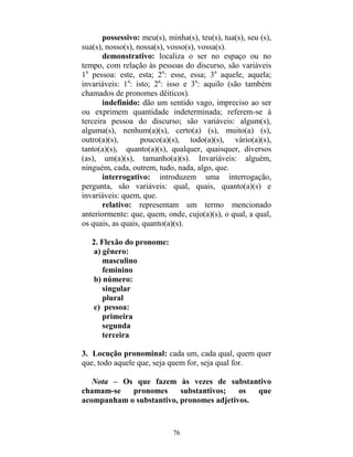 76
possessivo: meu(s), minha(s), teu(s), tua(s), seu (s),
sua(s), nosso(s), nossa(s), vosso(s), vossa(s).
demonstrativo: localiza o ser no espaço ou no
tempo, com relação às pessoas do discurso, são variáveis
1a
pessoa: este, esta; 2a
: esse, essa; 3a
aquele, aquela;
invariáveis: 1a
: isto; 2a
: isso e 3a
: aquilo (são também
chamados de pronomes dêiticos).
indefinido: dão um sentido vago, impreciso ao ser
ou exprimem quantidade indeterminada; referem-se à
terceira pessoa do discurso; são variáveis: algum(s),
alguma(s), nenhum(a)(s), certo(a) (s), muito(a) (s),
outro(a)(s), pouco(a)(s), todo(a)(s), vário(a)(s),
tanto(a)(s), quanto(a)(s), qualquer, quaisquer, diversos
(as), um(a)(s), tamanho(a)(s). Invariáveis: alguém,
ninguém, cada, outrem, tudo, nada, algo, que.
interrogativo: introduzem uma interrogação,
pergunta, são variáveis: qual, quais, quanto(a)(s) e
invariáveis: quem, que.
relativo: representam um termo mencionado
anteriormente: que, quem, onde, cujo(a)(s), o qual, a qual,
os quais, as quais, quanto(a)(s).
2. Flexão do pronome:
a) gênero:
masculino
feminino
b) número:
singular
plural
c) pessoa:
primeira
segunda
terceira
3. Locução pronominal: cada um, cada qual, quem quer
que, todo aquele que, seja quem for, seja qual for.
Nota – Os que fazem às vezes de substantivo
chamam-se pronomes substantivos; os que
acompanham o substantivo, pronomes adjetivos.
 