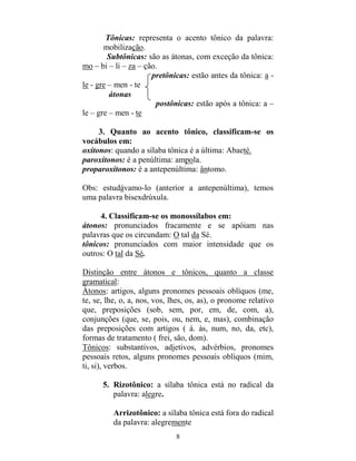 8
Tônicas: representa o acento tônico da palavra:
mobilização.
Subtônicas: são as átonas, com exceção da tônica:
mo – bi – li – za – ção.
pretônicas: estão antes da tônica: a -
le - gre – men - te
átonas
postônicas: estão após a tônica: a –
le – gre – men - te
3. Quanto ao acento tônico, classificam-se os
vocábulos em:
oxítonos: quando a sílaba tônica é a última: Abaeté.
paroxítonos: é a penúltima: ampola.
proparoxítonos: é a antepenúltima: ântomo.
Obs: estudávamo-lo (anterior a antepenúltima), temos
uma palavra bisexdrúxula.
4. Classificam-se os monossílabos em:
átonos: pronunciados fracamente e se apóiam nas
palavras que os circundam: O tal da Sé.
tônicos: pronunciados com maior intensidade que os
outros: O tal da Sé.
Distinção entre átonos e tônicos, quanto a classe
gramatical:
Átonos: artigos, alguns pronomes pessoais oblíquos (me,
te, se, lhe, o, a, nos, vos, lhes, os, as), o pronome relativo
que, preposições (sob, sem, por, em, de, com, a),
conjunções (que, se, pois, ou, nem, e, mas), combinação
das preposições com artigos ( à. às, num, no, da, etc),
formas de tratamento ( frei, são, dom).
Tônicos: substantivos, adjetivos, advérbios, pronomes
pessoais retos, alguns pronomes pessoais oblíquos (mim,
ti, si), verbos.
5. Rizotônico: a sílaba tônica está no radical da
palavra: alegre.
Arrizotônico: a sílaba tônica está fora do radical
da palavra: alegremente
 