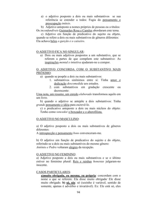 94
a) o adjetivo posposto a dois ou mais substantivos se sua
referência se estender a todos: Fugia do pensamento e
preocupação inúteis.
b) Adjetivo anteposto a nomes próprios de pessoas ou a títulos:
Os inconfundíveis Guimarães Rosa e Camões abordaram este tema.
c) Adjetivo em função de predicativo do sujeito ou objeto,
quando se refere a dois ou mais substantivos de gêneros diferentes:
Ela achava belos o garção e o caixeiro.
O ADJETIVO FICA NO SINGULAR:
a) Dois ou mais adjetivos pospostos a um substantivo, que se
referem a partes de que compõem este substantivo: As
inspirações mental e intuitiva ajudaram-no a compor.
O ADJETIVO CONCORDA COM O SUBSTANTIVO MAIS
PRÓXIMO:
a) quando se pospõe a dois ou mais substantivos:
1. substantivos sinônimos entre si: Tinha amor e
dedicação descomedida aos estudos.
2. com substantivos em gradação crescente ou
decrescente:
Uma nota, um resumo, um enredo elaborado transformou aquilo em
um livro.
b) quando o adjetivo se antepõe a dois substantivos: Tinha
grande pensamento e idéia para escrevê-lo.
c) o predicativo anteposto a dois ou mais núcleos do objeto:
Tenho como vencedor o boxeador e o alterofilista.
O ADJETIVO NO MASCULINO:
a) O adjetivo posposto a dois ou mais substantivos de gêneros
diferentes:
A introspecção e pensamento bons convenceram-me.
b) O adjetivo em função de predicativo do sujeito e do objeto,
referindo-se a dois ou mais substantivos do mesmo gênero:
Antônio e Pedro voltaram alegres da recepção.
O ADJETIVO NO FEMININO:
a) Adjetivo posposto a dois ou mais substantivos e se o último
estiver no feminino plural: Reis e rainhas honestas julgaram-no
inocente.
CASOS PARTICULARES:
a)muito obrigada, eu mesma, eu própria: concordam com o
nome a que se referem: Ela disse muito obrigada/ Ele disse
muito obrigado. b) só, sós: só (sozinho é variável, sentido de
somente, apenas é advérbio e invariável). Ex: Ele está só, eles
 