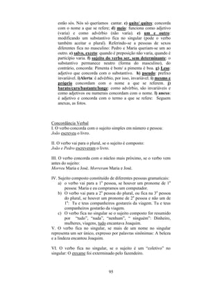 95
estão sós. Nós só queríamos cantar. c) quite/ quites: concorda
com o nome a que se refere; d) meio: funciona como adjetivo
(varia) e como advérbio (não varia). e) um e outro:
modificando um substantivo fica no singular (pode o verbo
também aceitar o plural). Referindo-se a pessoas de sexos
diferentes fica no masculino: Pedro e Maria queriam-se um ao
outro. e) salvo, exceto: quando é preposição não varia, quando é
particípio varia. f) sujeito do verbo ser, sem determinante: o
substantivo permanece neutro (forma do masculino), do
contrário, concorda: Pimenta é bom/ a pimenta é boa. g) Leso:
adjetivo que concorda com o substantivo. h) pseudo: prefixo
invariável. i)Alerta: é advérbio, por isso, invariável. i) mesmo e
próprio concordam com o nome a que se referem. j)
barato/caro/bastante/longe: como advérbio, são invariáveis e
como adjetivos ou numerais concordam com o nome. l) anexo:
é adjetivo e concorda com o termo a que se refere: Seguem
anexas, as fotos.
Concordância Verbal
I. O verbo concorda com o sujeito simples em número e pessoa:
João escreveu o livro.
II. O verbo vai para o plural, se o sujeito é composto:
João e Pedro escreveram o livro.
III. O verbo concorda com o núcleo mais próximo, se o verbo vem
antes do sujeito:
Morreu Maria e José. Morreram Maria e José.
IV. Sujeito composto constituído de diferentes pessoas gramaticais:
a) o verbo vai para a 1a
pessoa, se houver um pronome de 1a
pessoa: Maria e eu compramos um computador.
b) O verbo vai para a 2a
pessoa do plural, ou fica na 3a
pessoa
do plural, se houver um pronome de 2a
pessoa e não um de
1a
: Tu e teus companheiros gostareis da viagem. Tu e teus
companheiros gostarão da viagem.
c) O verbo fica no singular se o sujeito composto for resumido
por “tudo”, “nada”, “nenhum”, “ ninguém”: Dinheiro,
mulheres, viagens, tudo encantava Joaquim.
V. O verbo fica no singular, se mais de um nome no singular
representa um ser único, expresso por palavras sinônimas: A beleza
e a lindeza encantou Joaquim.
VI. O verbo fica no singular, se o sujeito é um “coletivo” no
singular: O enxame foi exterminado pelo fazendeiro.
 
