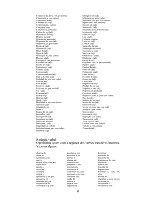 98
Compaixão de, para, com, por (subst)
Comparação a, com (subst)
Concernente a (adj)
Confiante em (adj)
Conformidade a (subst)
Contíguo a (adj)
Cuidadoso de, com (adj)
Curioso de, por (adj)
Desconfiado de (adj)
Desejoso de (adj)
Desgosto de, por (subst)
Desgostoso de, com (adj)
Desprezo a, de, por (subst)
Devoto de (adj)
Diferente de (adj)
Difícil de (adj)
Digno de (adj)
Disposição de, para (subst)
Disposto a (adj)
Empenho de, em, por (subst)
Entendido em (adj)
Envolto em (adj)
Equivalente a (adj)
Estranho a (adj)
Exato em (adj)
Experimentado em (adj)
Fácil a, de, para (adj)
Facilidade de, em, para (subst)
Falho de, em
Farto de (adj)
Favorável a (adj)
Feliz com, de, por, em (adj)
Fiel a (adj)
Firme em (adj)
Grato a (adj)
Hábil em (adj)
Hostil a (adj)
Hostilidade a, para com (subst)
Idêntico a (adj)
Imbuído de, em
Imune a
Incapaz de, em (adj)
Inclinado a (adj)
Incompatível com
Inconstante em (adj)
Indiferença a (subst)
Indiferente a (adj)
Indignidade de (subst)
Indulgência com, para com (subst)
Inerente a (adj)
Infatigável em (adj)
Influência em, sobre (subst)
Ingratidão com, para com (subst)
Ingrato com, para com (adj)
Iniciado em (adj)
Insensível a (adj)
Intolerante com, para com (adj)
Invejoso de (adj)
Isento de (adj)
Leal a (adj)
Lealdade a (subst)
Lento em (adj)
Livre de (adj)
Merecedor de (adj)
Moderação em (subst)
Necessário a (adj)
Nocivo a (adj)
Obediência a (subst)
Obediente a (adj)
Oposto a (adj)
Orgulhoso com, de, para com (adj)
Paralelo a (adj)
Passível de (adj)
Perito em (adj)
Pertencente a (adj)
Pobre de (adj)
Possuído de (adj)
Prático em (adj)
Preferível a
Prejudicial a (adj)
Pródigo de, em (adj)
Propenso a, para (adj)
Próprio a, de, para (adj)
Proveitoso a (adj)
Respeito a, com, de, para com (subst)
Rico de (adj)
Sedento de, por (adj)
Seguro de, em (adj)
Sensível a (adj)
Severo em, com, para com (adj)
Simpatia a, por (subst)
Sito em (adj)
Submisso a (adj)
Suspeição a, de (subst)
Temeroso de (adj)
Triste com, de (adj)
União a, com, entre (subst)
Vizinho a, com, de (adj)
Zeloso/de/(adj)
Regência verbal
O problema ocorre com a regência dos verbos transitivos indiretos.
Vejamos alguns:
abster-se de
abusar de
acontecer a, com
aderir a
admirar-se de, com, por
afastar-se de
agradar a
anelar por
ansiar por
antepor a
apressar-se a, em, por
apressar-se em
aproximar-se a, de
arrepender-se de
assemelhar-se a, com
assustar-se com
atrever-se a, em
atribuir a
chamar por
combinar com
comparar a, com
comparecer a
condoer-se de
conformar-se a, com
continuar a, em, com
conversar com
cuidar de
dedicar a
deparar com
depender de
derivar de
descender de
desconfiar de
desgostar-se de, com
desistir de
deter-se em
discordar de
disputar com
distribuir a, com, por,
entre
duvidar de
empenhar-se com, em, por
encarregar de
encomendar a
encontrar-se com
 