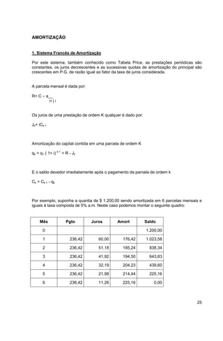 25 
AMORTIZAÇÃO 
1. Sistema Francês de Amortização 
Por este sistema, também conhecido como Tabela Price, as prestações periódicas são 
constantes, os juros decrescentes e as sucessivas quotas de amortização do principal são 
crescentes em P.G. de razão igual ao fator da taxa de juros considerada. 
A parcela mensal é dada por: 
R= C  a__ 
n | i 
Os juros de uma prestação de ordem K qualquer é dado por: 
Jk= iCk-1 
Amortização do capital contida em uma parcela de ordem K 
qk = q1 ( 1+ i) k-1 = R - Jk 
E o saldo devedor imediatamente após o pagamento da parcela de ordem k 
Ck = Ck-1 - qk 
Por exemplo, suponha a quantia de $ 1.200,00 sendo amortizada em 6 parcelas mensais e 
iguais à taxa composta de 5% a.m. Neste caso podemos montar o seguinte quadro: 
Mês Pgto Juros Amort Saldo 
0 1.200,00 
1 236,42 60,00 176,42 1.023,58 
2 236,42 51,18 185,24 838,34 
3 236,42 41,92 194,50 643,83 
4 236,42 32,19 204,23 439,60 
5 236,42 21,98 214,44 225,16 
6 236,42 11,26 225,16 0,00 
 