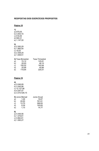 41 
RESPOSTAS DOS EXERCÍCIOS PROPOSTOS 
Página 18 
1) 
a) 670,05 
b) 3.403,72 
c) 518,09 
d) 900,31 
e) 1.147,50 
2) 
a) 2.383,29 
b) 1.860,54 
c) 19,53 
d) 2.308,20 
e) 1.009,51 
3) Taxa Bimestral Taxa Trimestral 
a) 72,12 125,81 
b) 29,93 48,10 
c) 100,52 183,94 
d) 25,66 40,86 
e) 119,64 225,51 
Página 19 
4) 
a) 5.046,89 
b) 3.300,98 
c) 12.127,98 
d) 4.247,57 
e) 3.372.526,15 
5) Juros Mensal Juros Anual 
a) 1,29 16,67 
b) 20,00 791,61 
c) 13,70 366,83 
d) 9,39 193,65 
e) 1,15 14,77 
6) 
a) 4.446,56 
b) 1.579,81 
c) 3.962,81 
d) 1.560,27 
 