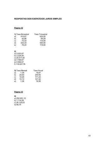 43 
RESPOSTAS DOS EXERCÍCIOS JUROS SIMPLES 
Página 32 
1) Taxa Bimestral Taxa Trimestral 
a) 416,67 625,00 
b) 42,86 64,29 
c) 73,33 110,00 
d) 333,33 500,00 
e) 79,20 118,80 
2) 
a) 5.053,87 
b) 3.324,00 
c) 20.517,40 
d) 7.766,67 
e) 5.994,67 
f) 116.027,78 
3) Taxa Mensal Taxa Anual 
a) 1,39 16,67 
b) 20,00 240,00 
c) 14,29 171,43 
d) 10,13 121,52 
e) 1,38 16,58 
Página 33 
4) 
a) 252.951,10 
b) 1.114,29 
c) 26.129,03 
d) 66,75 
 