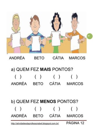 http://atividadesdaprofessorabel.blogspot.com.br/ PÁGINA 12
12
a) QUEM FEZ MAIS PONTOS?
( ) ( ) ( ) ( )
ANDRÉA BETO CÁTIA MARCOS
b) QUEM FEZ MENOS PONTOS?
( ) ( ) ( ) ( )
ANDRÉA BETO CÁTIA MARCOS
ANDRÉA BETO CÁTIA MARCOS
 
