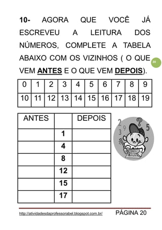 http://atividadesdaprofessorabel.blogspot.com.br/ PÁGINA 20
20
10- AGORA QUE VOCÊ JÁ
ESCREVEU A LEITURA DOS
NÚMEROS, COMPLETE A TABELA
ABAIXO COM OS VIZINHOS ( O QUE
VEM ANTES E O QUE VEM DEPOIS).
0 1 2 3 4 5 6 7 8 9
10 11 12 13 14 15 16 17 18 19
ANTES DEPOIS
1
4
8
12
15
17
 