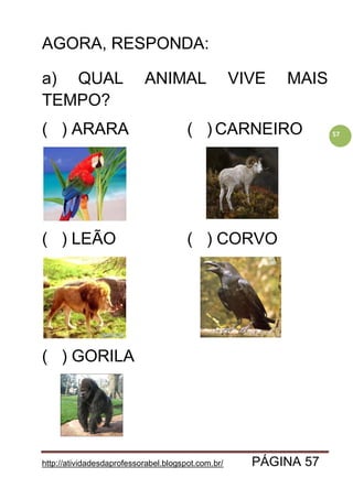 http://atividadesdaprofessorabel.blogspot.com.br/ PÁGINA 57
57
AGORA, RESPONDA:
a) QUAL ANIMAL VIVE MAIS
TEMPO?
( ) ARARA ( ) CARNEIRO
( ) LEÃO ( ) CORVO
( ) GORILA
 