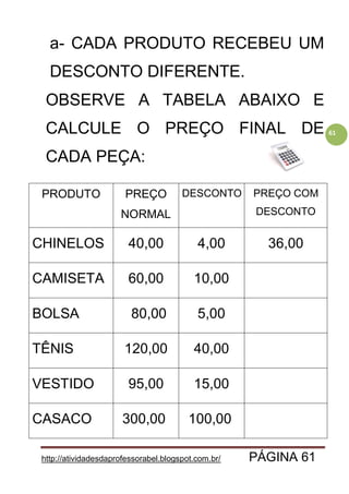 http://atividadesdaprofessorabel.blogspot.com.br/ PÁGINA 61
61
a- CADA PRODUTO RECEBEU UM
DESCONTO DIFERENTE.
OBSERVE A TABELA ABAIXO E
CALCULE O PREÇO FINAL DE
CADA PEÇA:
PRODUTO PREÇO
NORMAL
DESCONTO PREÇO COM
DESCONTO
CHINELOS 40,00 4,00 36,00
CAMISETA 60,00 10,00
BOLSA 80,00 5,00
TÊNIS 120,00 40,00
VESTIDO 95,00 15,00
CASACO 300,00 100,00
 