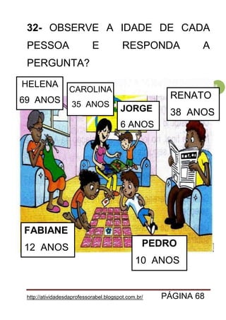 http://atividadesdaprofessorabel.blogspot.com.br/ PÁGINA 68
68
32- OBSERVE A IDADE DE CADA
PESSOA E RESPONDA A
PERGUNTA?
FABIANE
12 ANOS PEDRO
10 ANOS
RENATO
38 ANOS
CAROLINA
35 ANOS
JORGE
6 ANOS
HELENA
69 ANOS
 
