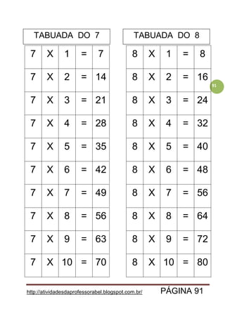 http://atividadesdaprofessorabel.blogspot.com.br/ PÁGINA 91
91
7 X 1 = 7 8 X 1 = 8
7 X 2 = 14 8 X 2 = 16
7 X 3 = 21 8 X 3 = 24
7 X 4 = 28 8 X 4 = 32
7 X 5 = 35 8 X 5 = 40
7 X 6 = 42 8 X 6 = 48
7 X 7 = 49 8 X 7 = 56
7 X 8 = 56 8 X 8 = 64
7 X 9 = 63 8 X 9 = 72
7 X 10 = 70 8 X 10 = 80
TABUADA DO 7 TABUADA DO 8
 