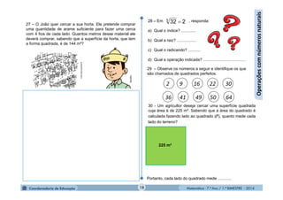 Matemática - 7.º Ano / 1.º BIMESTRE - 201418
27 – O João quer cercar a sua horta. Ele pretende comprar
uma quantidade de arame suficiente para fazer uma cerca
com 4 fios de cada lado. Quantos metros desse material ele
deverá comprar, sabendo que a superfície da horta, que tem
a forma quadrada, é de 144 m²?
28 – Em , responda:
a) Qual o índice? .............
b) Qual a raiz? .................
c) Qual o radicando? ...........
d) Qual a operação indicada? ......................................
2325

29 – Observe os números a seguir e identifique os que
são chamados de quadrados perfeitos.
http://goo.gl/JSyCrP
30 - Um agricultor deseja cercar uma superfície quadrada
cuja área é de 225 m². Sabendo que a área do quadrado é
calculada fazendo lado ao quadrado (l²), quanto mede cada
lado do terreno?
225 m²
Portanto, cada lado do quadrado mede ............
2 9 16 22 30
36 41 49 50 64
Operaçõescomnúmerosnaturais
MultiRio
 