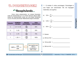 Matemática - 7.º Ano / 1.º BIMESTRE - 201440
Porcentagem
Como vimos anteriormente, um número fracionário
pode ser representado por um número decimal. Alguns deles
podem ser representados, ainda, por uma fração centesimal
ou por uma taxa percentual. Relembrando alguns exemplos:
FRAÇÃO
NUMERAL
DECIMAL
FRAÇÃO
CENTESIMAL
TAXA
PERCENTUAL
½ 0, 5 = 0, 50
_50_
100
50%
¼ 0, 25
25 .
100
25%
¾ 0, 75
_75_
100
75%
1 1, 00 = 1
_100_
100
100%
1
100
100
%100 
Isso significa que
100% é
considerado o
total, o todo.
Recapitulando...
1 - O símbolo % indica porcentagem. Porcentagem é
uma fração com denominador 100. Em linguagem
matemática, isto significa :
a) 10% = =______________________________
b) 3,5% = = ____________________________
c) 25% = = ____________________________
100
10
100
5,3
100
25
2 - Calcule:
a) 25% de 150 = __________________________
b) 15% de 300 = __________________________
c) 28% de 140 = __________________________
 