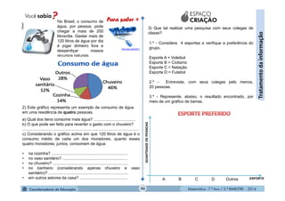 Matemática - 7.º Ano / 2.º BIMESTRE - 2014Matemática - 7.º Ano / 2.º BIMESTRE - 201446
Tratamentodainformação
1.º - Considere 4 esportes e verifique a preferência do
grupo.
Esporte A = Voleibol
Esporte B = Ciclismo
Esporte C = Natação
Esporte D = Futebol
2.º - Entreviste, com seus colegas pelo menos,
20 pessoas.
3.º - Represente, abaixo, o resultado encontrado, por
meio de um gráfico de barras.
QUANTIDADEDEPESSOAS
ESPORTEA B C D Outros
No Brasil, o consumo de
água, por pessoa, pode
chegar a mais de 200
litros/dia. Gastar mais de
120 litros de água por dia
é jogar dinheiro fora e
desperdiçar nossos
recursos naturais.
Clipart
2) Este gráfico representa um exemplo de consumo de água
em uma residência de quatro pessoas.
a) Qual dos itens consome mais água? .....................................
b) O que pode ser feito para reverter o gasto com o chuveiro?
......................................................................................................
c) Considerando o gráfico acima em que 120 litros de água é o
consumo médio de cada um dos moradores, quanto esses
quatro moradores, juntos, consomem de água:
• na cozinha? ...................................................................
• no vaso sanitário? .........................................................
• no chuveiro? ..................................................................
• no banheiro (considerando apenas chuveiro e vaso
sanitário)? ......................................................................
• em outros setores da casa? ..........................................
Para saber +
http://goo.gl/8uGFO
3) Que tal realizar uma pesquisa com seus colegas de
classe?
 
