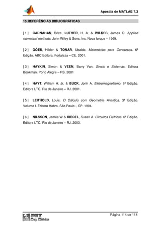 Apostila de MATLAB 7.3
15.REFERÊNCIAS BIBLIOGR
BIBLIOGRÁFICAS
[1]

CARNAHAN, Brice, LUTHER, H. A. & WILKES, James O. Applied

numerical methods. John Wiley & Sons, Inc. Nova Iorque – 1969.
.
[2]

GÓES, Hilder & TONAR, Ubaldo. Matemática para Concursos 6ª
Concursos.

Edição. ABC Editora. Fortaleza – CE. 2001.
[3]

HAYKIN, Simon & VEEN, Barry Van. Sinais e Sistemas Editora
Sistemas.

Bookman. Porto Alegre – RS. 2001
[4]

HAYT, William H. Jr. & BUCK, Jonh A. Eletromagnetismo 6ª Edição.
Eletromagnetismo.

Editora LTC. Rio de Janeiro – RJ. 2001.
[5]

LEITHOLD, Louis. O Cálculo com Geometria Analítica 3ª Edição.
Analítica.

Volume I. Editora Habra. São Paulo – SP. 1994.
[6]

NILSSON, James W & RIEDEL, Susan A. Circuitos Elétricos 6ª Edição.
Elétricos.

Editora LTC. Rio de Janeiro – RJ. 2003.

Página 114 de 114

 
