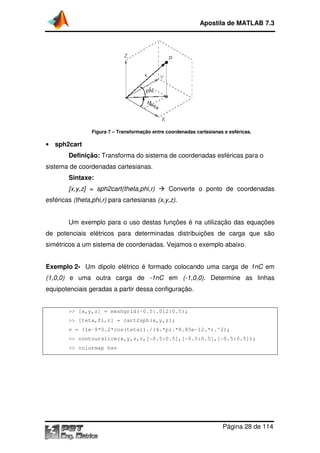 Apostila de MATLAB 7.3

Figura 7 – Transformação entre coordenadas cartesianas e esféricas.

• sph2cart

esféricas
Definição: Transforma do sistema de coordenadas esféric para o
sistema de coordenadas cartesianas.
Sintaxe:
[x,y,z] = sph2cart(theta,phi,r)

Converte o ponto de coordenadas

esféricas (theta,phi,r) para cartesianas (x,y,z).
Um exemplo para o uso destas funções é na utilização das equações
de potenciais elétricos para determinadas distribuições de carga que são
simétricos a um sistema de coordenadas. Vejamos o exemplo abaixo.
Exemplo 2- Um dipolo elétrico é formado colocando uma carga de 1nC em
(1,0,0) e uma outra carga de -1nC em (-1,0,0). Determine as linhas
.
equipotenciais geradas a partir dessa configuração
configuração.

>> [x,y,z] = meshgrid(
meshgrid(-0.5:.012:0.5);
>> [teta,fi,r] = cart2sph(x,y,z);
v = (1e-9*0.2*cos(teta))./(4.*pi.*8.85e
9*0.2*cos(teta))./(4.*pi.*8.85e-12.*r.^2);
>> contourslice(x,y,z,v,[
contourslice(x,y,z,v,[-0.5:0.5],[-0.5:0.5],[-0.5:0.5]);
0.5:0.5]);
>> colormap hsv

Página 28 de 114

 