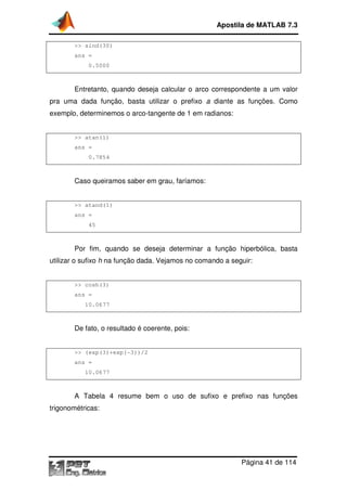 Apostila de MATLAB 7.3
>> sind(30)
ans =
0.5000

Entretanto, quando deseja calcular o arco correspondente a um valor
pra uma dada função, basta utilizar o prefixo a diante as funções. Como
exemplo, determinemos o arco
arco-tangente de 1 em radianos:

>> atan(1)
ans =
0.7854

Caso queiramos saber em grau, faríamos:

>> atand(1)
ans =
45

Por fim, quando se deseja determinar a função hiperbólica, basta
utilizar o sufixo h na função dada. Vejamos no comando a seguir:

>> cosh(3)
ans =
10.0677

De fato, o resultado é coerente, pois:

>> (exp(3)+exp(
(exp(3)+exp(-3))/2
ans =
10.0677

A Tabela 4 resume bem o uso de sufixo e prefixo nas funções
trigonométricas:

Página 41 de 114

 