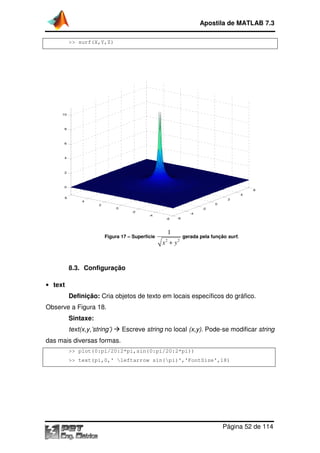 Apostila de MATLAB 7.3
>> surf(X,Y,Z)

10

8

6

4

2

0

6
4

6

2

4

0

2

0

-2

-2

-4

-4
-6

Figura 17 – Superfície

-6

1
x2 + y2

gerada pela função surf
surf.

8.3. Configuração
• text

Definição: Cria objetos de texto em locais específicos do gráfico.
Observe a Figura 18.
Sintaxe:
text(x,y,’string’)

Escreve string no local (x,y). Pode-se modif
se modificar string

das mais diversas formas
formas.
>> plot(0:pi/20:2*pi,sin(0:pi/20:2*pi))
>> text(pi,0,' leftarrow sin(pi)','FontSize',18)

Página 52 de 114

 