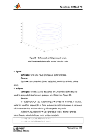 Apostila de MATLAB 7.3

30
25
20
15
10
5
0
1.5
1

1.5

0.5

1
0

0.5
0

-0.5

-0.5

-1
-1.5

-1
-1.5

Figura 25 – Gráfico cos(t), sin(t), t gerado pela função
plot3 com eixos ajustados pelas funções xlim, ylim e zlim.

• figure

Definição: Cria uma nova janela para plotar gráficos.
Sintaxe:
figure

Abre uma nova janela de gráfico, definindo a como janela
definindo-a

atual.
• subplot

Definição: Divide a janela do gráfico em uma matriz definida pelo
usuário, podendo trabalhar com qualquer um. Observe a Figura 26
26.
Sintaxe:
h = subplot(m,n,p) ( ou subplot(mnp))

Divide em m linhas, n colunas,

plotando o gráfico na posição p. Caso tenha uma matriz retangular, a contagem
.
inicia-se no sentido anti-horário do gráfico superior esquerdo.
horário
subplot(m,n,p,'replace')

Se o gráfico já existe, deleta o gráfico
áfico

especificado, substituindo por outro gráfico desejado.
>> subplot(2,1,1),ezplot('sin(x)')
>> subplot(2,1,2),ezplot('exp(x)')

Página 60 de 114

 
