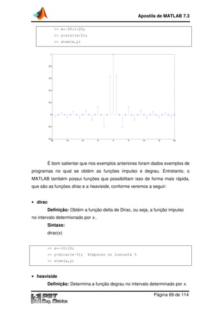 Apostila de MATLAB 7.3
>> x=-20:1:20;
20:1:20;
>> y=sinc(x/2);
>> stem(x,y)

1

0.8

0.6

0.4

0.2

0

-0.2

-0.4
-20

-15

-10

-5

0

5

10

15

20

É bom salientar que nos exemplos anteriores foram dados exemplos de
programas no qual se obtém as funções impulso e degrau. Entretanto, o
MATLAB também possui funções que possibilitam isso de forma mais rápida,
que são as funções dirac e a heaviside, conforme veremos a seg
rme
seguir:
• dirac

Definição: Obtém a função delta de Dirac, ou seja, a função impulso
no intervalo determionado por x..

Sintaxe:
dirac(x)

>> x=-10:10;
>> y=dirac(x-5);
5);

%Impulso no instante 5

>> stem(x,y)

• heaviside

Definição: Determina a função degrau no intervalo determinado por x.
Página 89 de 114

 