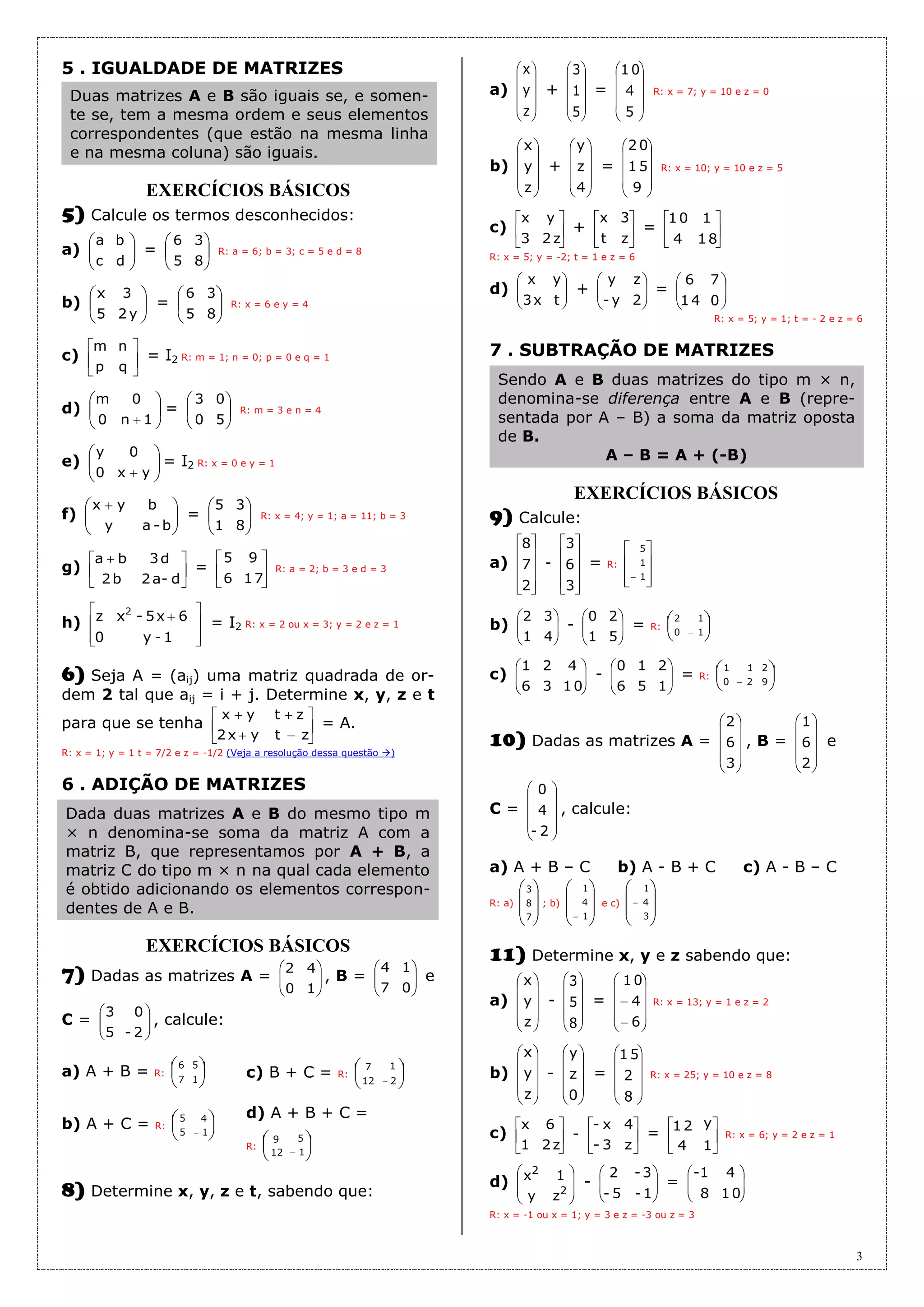 Apostila de matrizes (9 páginas, 40 questões, com gabarito) | PDF