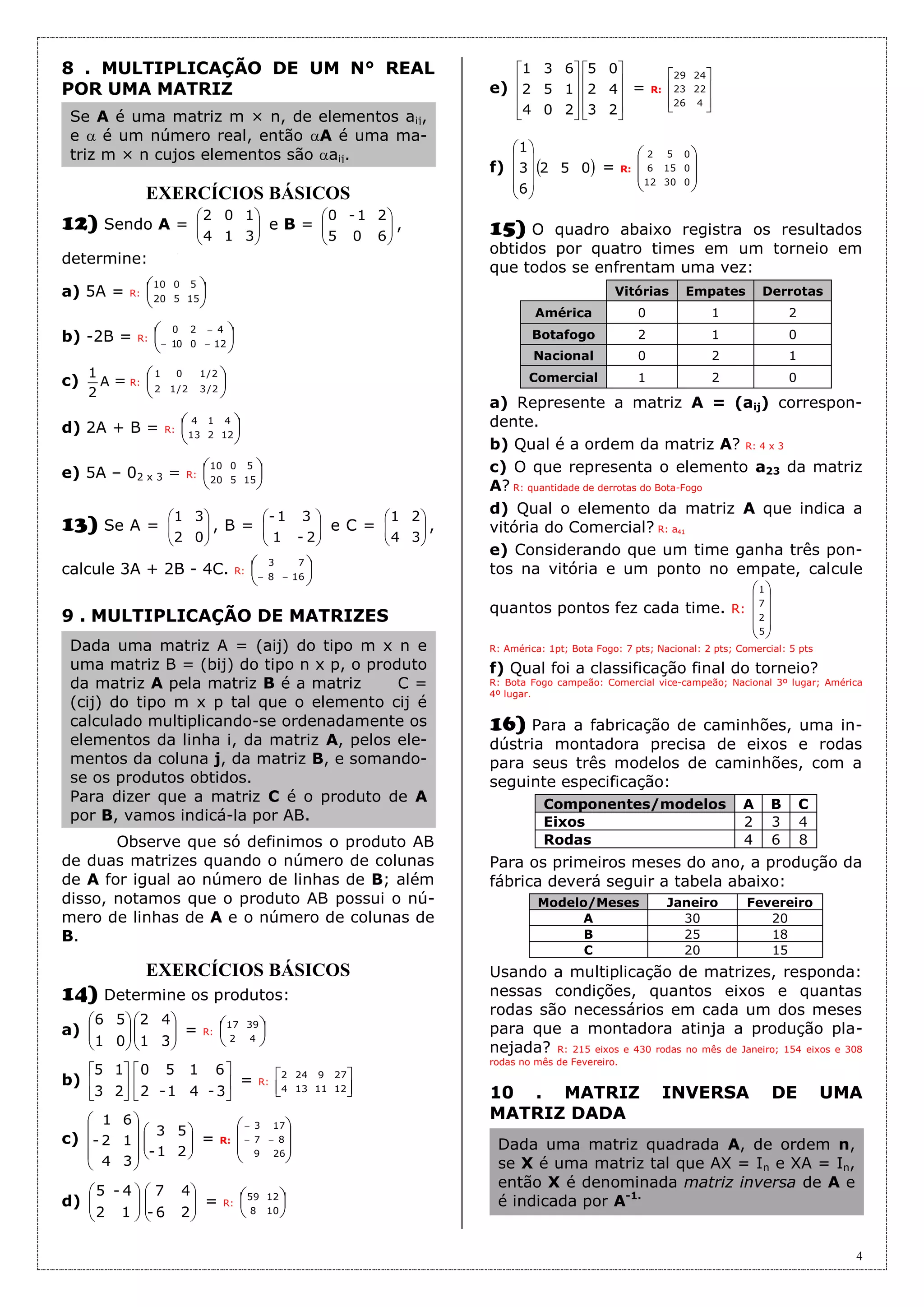 Apostila de matrizes (9 páginas, 40 questões, com gabarito) | PDF