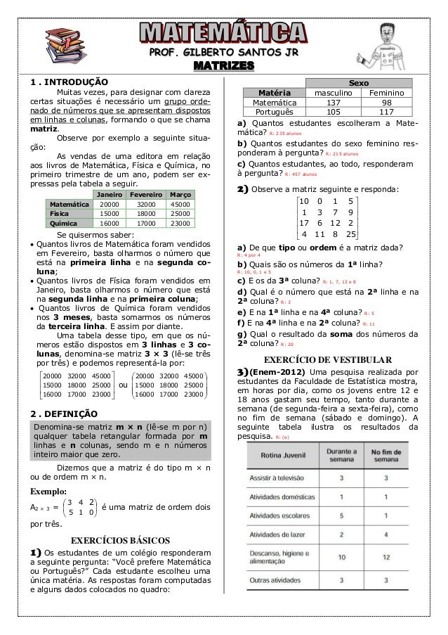 Apostila De Matrizes 9 Paginas 40 Questoes Com Gabarito