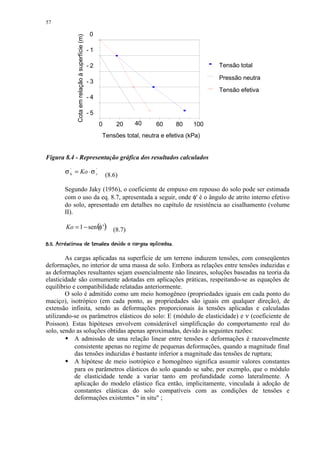 57

                                                    0




                 Cota em relação à superfície (m)
                                                    -1

                                                    -2                                           Tensão total

                                                                                                 Pressão neutra
                                                    -3
                                                                                                 Tensão efetiva
                                                    -4

                                                    -5
                                                         0       20   40     60     80     100
                                                         Tensões total, neutra e efetiva (kPa)


Figura 8.4 - Representação gráfica dos resultados calculados

         σ h = Ko ⋅ σ v'
           '
                                                             (8.6)

         Segundo Jaky (1956), o coeficiente de empuxo em repouso do solo pode ser estimada
         com o uso da eq. 8.7, apresentada a seguir, onde φ' é o ângulo de atrito interno efetivo
         do solo, apresentado em detalhes no capítulo de resistência ao cisalhamento (volume
         II).

             Ko = 1 − sen (φ ') (8.7)

¡¤¦¤( § @7865#(3%¦ 1¦!(¤%#! ¨¦¤£ ¢ 
    2 2 9 2 2 4© 2§ 2   0     ) ' $    §  © § ¥ ¡ ¡

        As cargas aplicadas na superfície de um terreno induzem tensões, com conseqüentes
deformações, no interior de uma massa de solo. Embora as relações entre tensões induzidas e
as deformações resultantes sejam essencialmente não lineares, soluções baseadas na teoria da
elasticidade são comumente adotadas em aplicações práticas, respeitando-se as equações de
equilíbrio e compatibilidade relatadas anteriormente.
        O solo é admitido como um meio homogêneo (propriedades iguais em cada ponto do
maciço), isotrópico (em cada ponto, as propriedades são iguais em qualquer direção), de
extensão infinita, sendo as deformações proporcionais às tensões aplicadas e calculadas
utilizando-se os parâmetros elásticos do solo: E (módulo de elasticidade) e ν (coeficiente de
Poisson). Estas hipóteses envolvem considerável simplificação do comportamento real do
solo, sendo as soluções obtidas apenas aproximadas, devido às seguintes razões:
         )
            A admissão de uma relação linear entre tensões e deformações é razoavelmente
            consistente apenas no regime de pequenas deformações, quando a magnitude final
            das tensões induzidas é bastante inferior a magnitude das tensões de ruptura;
         )
            A hipótese de meio isotrópico e homogêneo significa assumir valores constantes
            para os parâmetros elásticos do solo quando se sabe, por exemplo, que o módulo
            de elasticidade tende a variar tanto em profundidade como lateralmente. A
            aplicação do modelo elástico fica então, implicitamente, vinculada à adoção de
            constantes elásticas do solo compatíveis com as condições de tensões e
            deformações existentes  in situ ;
 