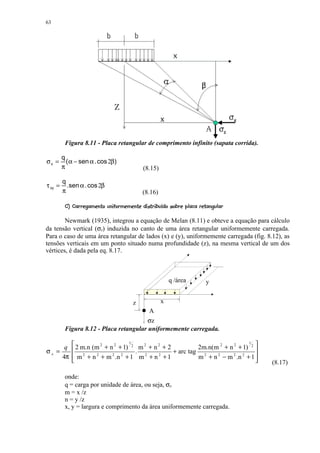 63




          Figura 8.11 - Placa retangular de comprimento infinito (sapata corrida).

         q
σx =       ( α − sen α . cos 2β)
         π                                       (8.15)

         q
τ xy =     . sen α . cos 2β
         π                                       (8.16)
           §¤ 8§¤ #BA@¢¤ 9© 0164) #43 ¨'21 0¢(¢' % # ¢§¨§¥£¢ 
          ¦ !   ©¦ ¤ 8 7 ¦ 3   5 ! $ ¦  $ ) ©  ©  ©  ¦ $ !   ©  ¤  ©¦ ¦ ¤   ¡


        Newmark (1935), integrou a equação de Melan (8.11) e obteve a equação para cálculo
da tensão vertical (σz) induzida no canto de uma área retangular uniformemente carregada.
Para o caso de uma área retangular de lados (x) e (y), uniformemente carregada (fig. 8.12), as
tensões verticais em um ponto situado numa profundidade (z), na mesma vertical de um dos
vértices, é dada pela eq. 8.17.



                                                               q /área            y


                                            z             x
                                                     A
                                         σz
          Figura 8.12 - Placa retangular uniformemente carregada.

      q       2 m.n (m 2 + n 2 + 1) 1 2 m 2 + n 2 + 2          2m.n(m 2 + n 2 + 1) 2 
                                                                                    1

σz =          2                        . 2            + arc tag 2                     
     4π       m + n + m .n + 1 m + n + 1
                       2     2   2               2
                                                                m + n 2 − m 2 .n 2 + 1 
                                                                                           (8.17)

          onde:
          q = carga por unidade de área, ou seja, σo
          m = x /z
          n = y /z
          x, y = largura e comprimento da área uniformemente carregada.
 