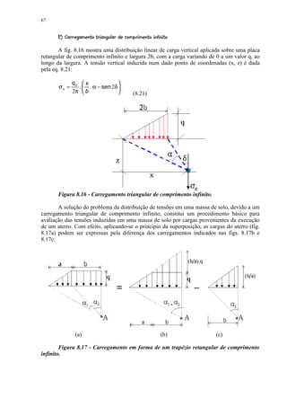 67

        6  4 ©3¢$1)(¨¥ ¢$¥ ©!¢©¨¦¤¢ 
          # # 5 #    # § 2 0  ' §  %   # §      ¥   § § ¥ £ ¡


       A fig. 8.16 mostra uma distribuição linear de carga vertical aplicada sobre uma placa
retangular de comprimento infinito e largura 2b, com a carga variando de 0 a um valor q, ao
longo da largura. A tensão vertical induzida num dado ponto de coordenadas (x, z) é dada
pela eq. 8.21:

               qo  x             
       σz =      .  . α − sen 2δ 
               2π  b                                (8.21)




       Figura 8.16 - Carregamento triangular de comprimento infinito.

       A solução do problema da distribuição de tensões em uma massa de solo, devido a um
carregamento triangular de comprimento infinito, constitui um procedimento básico para
avaliação das tensões induzidas em uma massa de solo por cargas provenientes da execução
de um aterro. Com efeito, aplicando-se o principio da superposição, as cargas do aterro (fig.
8.17a) podem ser expressas pela diferença dos carregamentos indicados nas figs. 8.17b e
8.17c.




                 (a)                                                    (b)   (c)

        Figura 8.17 - Carregamento em forma de um trapézio retangular de comprimento
infinito.
 