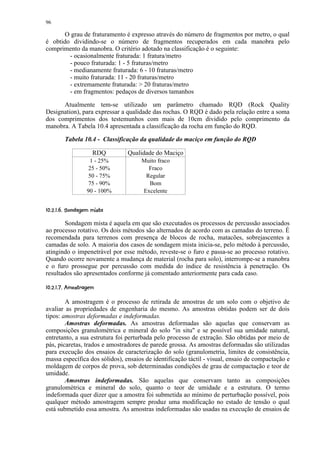 96

       O grau de fraturamento é expresso através do número de fragmentos por metro, o qual
é obtido dividindo-se o número de fragmentos recuperados em cada manobra pelo
comprimento da manobra. O critério adotado na classificação é o seguinte:
        - ocasionalmente fraturada: 1 fratura/metro
        - pouco fraturada: 1 - 5 fraturas/metro
        - medianamente fraturada: 6 - 10 fraturas/metro
        - muito fraturada: 11 - 20 fraturas/metro
        - extremamente fraturada:  20 fraturas/metro
        - em fragmentos: pedaços de diversos tamanhos

      Atualmente tem-se utilizado um parâmetro chamado RQD (Rock Quality
Designation), para expressar a qualidade das rochas. O RQD é dado pela relação entre a soma
dos comprimentos dos testemunhos com mais de 10cm dividido pelo comprimento da
manobra. A Tabela 10.4 apresentada a classificação da rocha em função do RQD.

           Tabela 10.4 - Classificação da qualidade do maciço em função do RQD

                              RDQ    Qualidade do Maciço
                           1 - 25%       Muito fraco
                          25 - 50%         Fraco
                          50 - 75%        Regular
                          75 - 90%         Bom
                         90 - 100%       Excelente

('% $¥ £©§¦ ¢   ¥¤ £¡  
 # ! !    ¨ ¢ ¢ ¢

        Sondagem mista é aquela em que são executados os processos de percussão associados
ao processo rotativo. Os dois métodos são alternados de acordo com as camadas do terreno. É
recomendada para terrenos com presença de blocos de rocha, matacões, sobrejascentes a
camadas de solo. A maioria dos casos de sondagem mista inicia-se, pelo método à percussão,
atingindo o impenetrável por esse método, reveste-se o furo e passa-se ao processo rotativo.
Quando ocorre novamente a mudança de material (rocha para solo), interrompe-se a manobra
e o furo prossegue por percussão com medida do índice de resistência à penetração. Os
resultados são apresentados conforme já comentado anteriormente para cada caso.
 ¥ (5'32£0 ¢)   ¥¤ £¡  
!  4 % ! 1 ¢ ¢ ¢


        A amostragem é o processo de retirada de amostras de um solo com o objetivo de
avaliar as propriedades de engenharia do mesmo. As amostras obtidas podem ser de dois
tipos: amostras deformadas e indeformadas.
        Amostras deformadas. As amostras deformadas são aquelas que conservam as
composições granulométrica e mineral do solo in situ e se possível sua umidade natural,
entretanto, a sua estrutura foi perturbada pelo processo de extração. São obtidas por meio de
pás, picaretas, trados e amostradores de parede grossa. As amostras deformadas são utilizadas
para execução dos ensaios de caracterização do solo (granulometria, limites de consistência,
massa específica dos sólidos), ensaios de identificação táctil - visual, ensaio de compactação e
moldagem de corpos de prova, sob determinadas condições de grau de compactação e teor de
umidade.
        Amostras indeformadas. São aquelas que conservam tanto as composições
granulométrica e mineral do solo, quanto o teor de umidade e a estrutura. O termo
indeformada quer dizer que a amostra foi submetida ao mínimo de perturbação possível, pois
qualquer método amostragem sempre produz uma modificação no estado de tensão o qual
está submetido essa amostra. As amostras indeformadas são usadas na execução de ensaios de
 