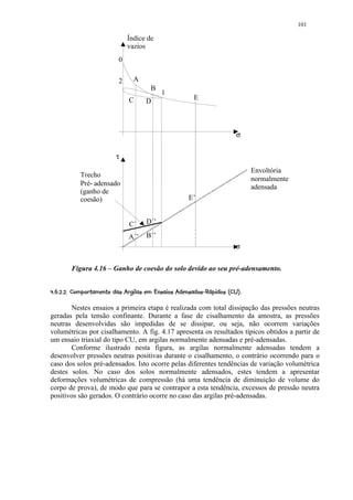 101

                                       Índice de
                                       vazios
                                   0


                                   2       A
                                                    B
                                                         1
                                        C                                 E
                                                 D



                                                                                                σ


                                  τ
                                                                                                      Envoltória
               Trecho
                                                                                                      normalmente
               Pré- adensado                                                                          adensada
               (ganho de
               coesão)                                                 E’


                                        C´       D´’

                                        A´’      B´’
                                                                                                σ


          Figura 4.16 – Ganho de coesão do solo devido ao seu pré-adensamento.

 UTRPIB'% §@A)D5¦¢$¦¤C1B 5¢A@9¦7) 6 53 21)' $¦¤ ¦¢©§¥ ¦¥ ¤£ ¢ 
¡ S Q ¨H (  4  G F E (  %  ( # ! % 0 ( 4  ( # 8  ! ( 4  0 (  %  # !       ¨ ¡ ¡ ¡ ¡


       Nestes ensaios a primeira etapa é realizada com total dissipação das pressões neutras
geradas pela tensão confinante. Durante a fase de cisalhamento da amostra, as pressões
neutras desenvolvidas são impedidas de se dissipar, ou seja, não ocorrem variações
volumétricas por cisalhamento. A fig. 4.17 apresenta os resultados típicos obtidos a partir de
um ensaio triaxial do tipo CU, em argilas normalmente adensadas e pré-adensadas.
       Conforme ilustrado nesta figura, as argilas normalmente adensadas tendem a
desenvolver pressões neutras positivas durante o cisalhamento, o contrário ocorrendo para o
caso dos solos pré-adensados. Isto ocorre pelas diferentes tendências de variação volumétrica
destes solos. No caso dos solos normalmente adensados, estes tendem a apresentar
deformações volumétricas de compressão (há uma tendência de diminuição de volume do
corpo de prova), de modo que para se contrapor a esta tendência, excessos de pressão neutra
positivos são gerados. O contrário ocorre no caso das argilas pré-adensadas.
 