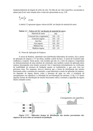 124

fundamentalmente do ângulo de atrito do solo. Na falta de um valor específico, recomenda-se
adotar para δ um valor situado entre o intervalo apresentado na eq. 5.20.

       φ'     2
          〈δ 〈 φ '
       3      3      (5.20)

       A tabela 5.2 apresenta alguns valores de δ/φ’ em função do material do muro


       Tabela 5.2 – Valores de δ/φ’ em função do material do muro.
                       Material do muro             δ/φ’
                   Concreto liso e argamassa      0,8 – 1,0
                        Concreto rugoso           0,9 – 1,0
                            Aço liso              0,5 – 0,7
                          Aço rugoso              0,8 – 0,9
                         Madeira lisa             0,7 –0,9
                        Madeira rugosa            0,9 – 1,0

       d) Ponto de Aplicação do Empuxo.

        A teoria de Rankine, admitindo uma distribuição hidrostática de tensões, fixa o ponto
de aplicação do empuxo a 1/3 da altura, medida a partir da base. A teoria de Coulomb nada
estabelece a respeito. Neste ponto, vale ressaltar que não só o valor do empuxo é importante
no dimensionamento de uma estrutura de contenção, mas também o ponto de aplicação deste
empuxo desempenha uma função essencial. Isto é importante principalmente na verificação
da estabilidade da estrutura de fundação quanto ao tombamento, o que será visto nos
próximos itens. Por enquanto, deve-se observar que a forma de distribuição das tensões
horizontais sobre a estrutura de contenção, a qual determina o ponto de aplicação do empuxo,
irá depender de alguns fatores como a presença de água no solo, a existência de
carregamentos em superfície e a liberdade de movimentação da estrutura. A fig. 5.13 ilustra
algumas formas de distribuição de tensões horizontais sobre a estrutura a depender de alguns
fatores relatados acima.




                                                             Carregamento em superfície




     Figura 5.13 – Diferentes formas de distribuição das tensões provenientes dos
empuxos de terra sobre as estruturas de fundação.
 
