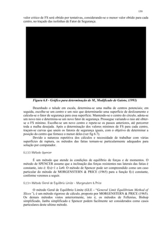 159

valor critico de FS será obtido por tentativas, considerando-se o menor valor obtido para cada
centro, no traçado das isolinhas de Fator de Segurança.




           Figura 6.8 - Gráfico para determinação de Mα. Modificado de Gaioto, (1993)

       Desenhado o talude em escala, determina-se uma malha de centros potenciais; em
seguida, escolhe-se um centro e um raio que determinarão uma superfície de deslizamento e
calcula-se o fator de segurança para essa superfície. Mantendo-se o centro do círculo, adota-se
um novo raio e determina-se um novo fator de segurança. Prossegue variando o raio até obter-
se o FS mínimo. Escolhe-se um novo centro e repete-se os passos anteriores, até percorrer
toda a malha desejada. Após a determinação dos valores mínimos de FS para cada centro,
traçam-se curvas que unem os fatores de segurança iguais, com o objetivo de determinar a
posição do centro que fornece o menor deles (ver fig 6.7).
       Devido a natureza repetitiva dos cálculos e necessidade de trabalhar com várias
superfícies de ruptura, os métodos das fatias tornam-se particularmente adequados para
solução por computador.
 

     $#£ ¥¥©§¤ ¥¤ £ ¡¢
    %   !      ¨ ¦ ¡ ¡

       É um método que atende às condições de equilíbrio de forças e de momentos. O
método de SPENCER assume que a inclinação das forças resistentes nas laterais das fatias é
constante, isto é: f(x)=1 e λ≠0. O método de Spencer pode ser compreendido como um caso
particular do método de MORGENSTERN  PRICE (1965) para a função f(x) constante,
conforme veremos a seguir.
 

     $ $XWTSRP£)£(H1 F 6 $DC 4B A864 )21§#)#(§' ¥¤ £ ¡¢
     @ % V U !%  Q !  I%  ¦ G  @ @ E @ % @ 9 7 5   3%  0    ¨ ¦ ¡ ¡

       O método Geral de Equilíbrio Limite (GLE - “General Limit Equilibrium Method of
Slices”), é um método rigoroso de cálculo, proposto por MORGENSTERN  PRICE (1965).
Os demais métodos vistos anteriormente, isto é, os métodos de Fellenius, Bishop
simplificado, Janbu simplificado e Spencer podem facilmente ser considerados como casos
particulares deste ultimo método.
 