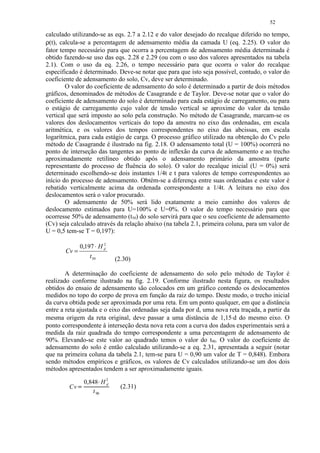 52

calculado utilizando-se as eqs. 2.7 a 2.12 e do valor desejado do recalque diferido no tempo,
ρ(t), calcula-se a percentagem de adensamento média da camada U (eq. 2.25). O valor do
fator tempo necessário para que ocorra a percentagem de adensamento média determinada é
obtido fazendo-se uso das eqs. 2.28 e 2.29 (ou com o uso dos valores apresentados na tabela
2.1). Com o uso da eq. 2.26, o tempo necessário para que ocorra o valor do recalque
especificado é determinado. Deve-se notar que para que isto seja possível, contudo, o valor do
coeficiente de adensamento do solo, Cv, deve ser determinado.
        O valor do coeficiente de adensamento do solo é determinado a partir de dois métodos
gráficos, denominados de métodos de Casagrande e de Taylor. Deve-se notar que o valor do
coeficiente de adensamento do solo é determinado para cada estágio de carregamento, ou para
o estágio de carregamento cujo valor de tensão vertical se aproxime do valor da tensão
vertical que será imposto ao solo pela construção. No método de Casagrande, marcam-se os
valores dos deslocamentos verticais do topo da amostra no eixo das ordenadas, em escala
aritmética, e os valores dos tempos correspondentes no eixo das abcissas, em escala
logarítmica, para cada estágio de carga. O processo gráfico utilizado na obtenção do Cv pelo
método de Casagrande é ilustrado na fig. 2.18. O adensamento total (U = 100%) ocorrerá no
ponto de interseção das tangentes ao ponto de inflexão da curva de adensamento e ao trecho
aproximadamente retilíneo obtido após o adensamento primário da amostra (parte
representante do processo de fluência do solo). O valor do recalque inicial (U = 0%) será
determinado escolhendo-se dois instantes 1/4t e t para valores de tempo correspondentes ao
início do processo de adensamento. Obtém-se a diferença entre suas ordenadas e este valor é
rebatido verticalmente acima da ordenada correspondente a 1/4t. A leitura no eixo dos
deslocamentos será o valor procurado.
        O adensamento de 50% será lido exatamente a meio caminho dos valores de
deslocamento estimados para U=100% e U=0%. O valor do tempo necessário para que
ocorresse 50% de adensamento (t50) do solo servirá para que o seu coeficiente de adensamento
(Cv) seja calculado através da relação abaixo (na tabela 2.1, primeira coluna, para um valor de
U = 0,5 tem-se T = 0,197):

                  0,197 ⋅ H d
                            2

       Cv =
                      t 50      (2.30)

        A determinação do coeficiente de adensamento do solo pelo método de Taylor é
realizado conforme ilustrado na fig. 2.19. Conforme ilustrado nesta figura, os resultados
obtidos do ensaio de adensamento são colocados em um gráfico contendo os deslocamentos
medidos no topo do corpo de prova em função da raiz do tempo. Deste modo, o trecho inicial
da curva obtida pode ser aproximada por uma reta. Em um ponto qualquer, em que a distância
entre a reta ajustada e o eixo das ordenadas seja dada por d, uma nova reta traçada, a partir da
mesma origem da reta original, deve passar a uma distância de 1,15⋅d do mesmo eixo. O
ponto correspondente à interseção desta nova reta com a curva dos dados experimentais será a
medida da raiz quadrada do tempo correspondente a uma percentagem de adensamento de
90%. Elevando-se este valor ao quadrado temos o valor do t90. O valor do coeficiente de
adensamento do solo é então calculado utilizando-se a eq. 2.31, apresentada a seguir (notar
que na primeira coluna da tabela 2.1, tem-se para U = 0,90 um valor de T = 0,848). Embora
sendo métodos empíricos e gráficos, os valores de Cv calculados utilizando-se um dos dois
métodos apresentados tendem a ser aproximadamente iguais.

                   0,848 H 2
                         ¡




                           d
         Cv                       (2.31)
                      t 90
               
 