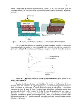 88

menor compacidade, ocorrendo um aumento de volume. Já no caso das areias fofas, as
tensões cisalhantes permitem um maior entrosamento dos grãos, com conseqüente redução de
volume.




Figura 4.6 – Esquema adotado para a realização do ensaio de cisalhamento direto.

       Das curvas tensão/deformação dos vários corpos de prova são tomados os valores das
tensões cisalhantes de ruptura, os quais, conjugados com as tensões normais correspondentes,
permitem a definição da envoltória de resistência do solo para o intervalo de tensões ensaiado.

                            τ

                                                             Areia compacta
                                                             Areia fofa




                                                                 εa


                                                      εv de compressão
                       εv                             positiva

        Figura 4.7 – Resultado típico de um ensaio de cisalhamento direto realizado em
areias fofa e compacta.

        Algumas deficiências limitam a aplicabilidade do ensaio de cisalhamento direto. A
primeira delas é o fenômeno da ruptura progressiva, que se manifesta principalmente nos
solos de ruptura do tipo frágil. A ruptura progressiva pode se dá porque a deformação
cisalhante ao longo do plano de ruptura não é uniforme: ao iniciar o cisalhamento ocorre uma
concentração de deformações próximo às bordas da caixa de cisalhamento, que tendem a
decrescer em direção ao centro da amostra. Obviamente, as tensões em cada local serão
diferentes, de forma que quando nas regiões próximas à borda da caixa de cisalhamento forem
atingidas a deformação e a tensão de ruptura, teremos próximo ao centro da amostra tensões
inferiores à de ruptura.
 