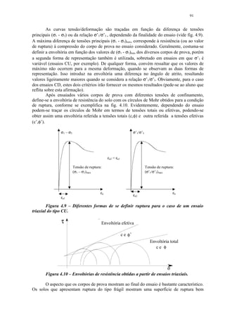 91


         As curvas tensão/deformação são traçadas em função da diferença de tensões
principais (σ1 - σ3) ou da relação σ’1/σ’3 , dependendo da finalidade do ensaio (vide fig. 4.9).
A máxima diferença de tensões principais (σ1 - σ3)máx, corresponde à resistência (ou ao valor
de ruptura) à compressão do corpo de prova no ensaio considerado. Geralmente, costuma-se
definir a envoltória em função dos valores de (σ1 - σ3)máx dos diversos corpos de prova, porém
a segunda forma de representação também é utilizada, sobretudo em ensaios em que σ’3 é
variável (ensaios CU, por exemplo). De qualquer forma, convém ressaltar que os valores de
máximo não ocorrem para a mesma deformação, quando se observam as duas formas de
representação. Isso introduz na envoltória uma diferença no ângulo de atrito, resultando
valores ligeiramente maiores quando se considera a relação σ’1/σ’3. Obviamente, para o caso
dos ensaios CD, estes dois critérios irão fornecer os mesmos resultados (pede-se ao aluno que
reflita sobre esta afirmação).
         Após ensaiados vários corpos de prova com diferentes tensões de confinamento,
define-se a envoltória de resistência do solo com os círculos de Mohr obtidos para a condição
de ruptura, conforme se exemplifica na fig. 4.10. Evidentemente, dependendo do ensaio
podem-se traçar os círculos de Mohr em termos de tensões totais ou efetivas, podendo-se
obter assim uma envoltória referida a tensões totais (c,φ) e outra referida a tensões efetivas
(c’,φ’).

                σ1 – σ3                                              σ’1/σ’3




                                                εa2  εa1

                          Tensão de ruptura:                                   Tensão de ruptura:
                          (σ1 – σ3)max                                         (σ’1/σ’3) max




                                           εa                                                   εa
                                                                     εa2
                εa1

        Figura 4.9 – Diferentes formas de se definir ruptura para o caso de um ensaio
triaxial do tipo CU.

                τ                          Envoltória efetiva

                                                            c e φ'
                                                                                  Envoltória total
                                                                                     ce φ



                                                                         σ
       Figura 4.10 – Envoltórias de resistência obtidas a partir de ensaios triaxiais.

      O aspecto que os corpos de prova mostram ao final do ensaio é bastante característico.
Os solos que apresentam ruptura do tipo frágil mostram uma superfície de ruptura bem
 
