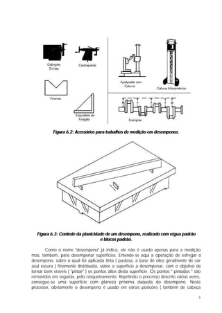 Figura 6.2: Acessórios para trabalhos de medição em desempenos.




  Figura 6.3: Controle da planicidade de um desempeno, realizado com régua padrão
                                   e blocos padrão.

       Como o nome "desempeno" já indica, ele não é usado apenas para a medição
mas, também, para desempenar superfícies. Entende-se aqui a operação de esfregar o
desempeno, sobre o qual foi aplicada tinta ( pastosa, a base de óleo geralmente de cor
azul escura ) finamente distribuída, sobre a superfície a desempenar, com o objetivo de
tornar bem visíveis ( "pintar" ) os pontos altos desta superfície. Os pontos " pintados " são
removidos em seguida, pelo rasqueteamento. Repetindo o processo descrito várias vezes,
consegue-se uma superfície com planeza próxima daquela do desempeno. Neste
processo, obviamente o desempeno é usado em várias posições ( também de cabeça

                                                                                           3
 