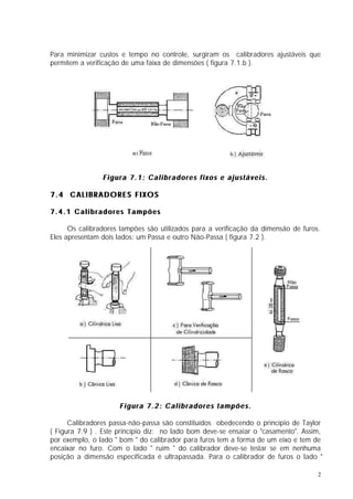 Para minimizar custos e tempo no controle, surgiram os calibradores ajustáveis que
permitem a verificação de uma faixa de dimensões ( figura 7.1.b ).




                Figura 7.1: Calibradores fixos e ajustáveis.

7.4 CALIBRADORES FIXOS

7.4.1 Calibradores Tampões

      Os calibradores tampões são utilizados para a verificação da dimensão de furos.
Eles apresentam dois lados: um Passa e outro Não-Passa ( figura 7.2 ).




                     Figura 7.2: Calibradores tampões.

      Calibradores passa-não-passa são constituídos obedecendo o princípio de Taylor
( Figura 7.9 ) . Este princípio diz: no lado bom deve-se ensaiar o "casamento". Assim,
por exemplo, o lado " bom " do calibrador para furos tem a forma de um eixo e tem de
encaixar no furo. Com o lado " ruim " do calibrador deve-se testar se em nenhuma
posição a dimensão especificada é ultrapassada. Para o calibrador de furos o lado "

                                                                                    2
 