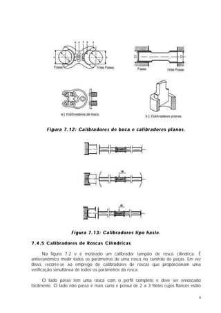 Figura 7.12: Calibradores de boca e calibradores planos.




                    Figura 7.13: Calibradores tipo haste.

7.4.5 Calibradores de Roscas Cilíndricas

       Na figura 7.2 e é mostrado um calibrador tampão de rosca cilíndrica. É
antieconômico medir todos os parâmetros de uma rosca no controle de peças. Em vez
disso, recorre-se ao emprego de calibradores de roscas que proporcionam uma
verificação simultânea de todos os parâmetros da rosca.

      O lado passa tem uma rosca com o perfil completo e deve ser enroscado
facilmente. O lado não passa é mais curto e possui de 2 a 3 filetes cujos flancos estão

                                                                                      8
 