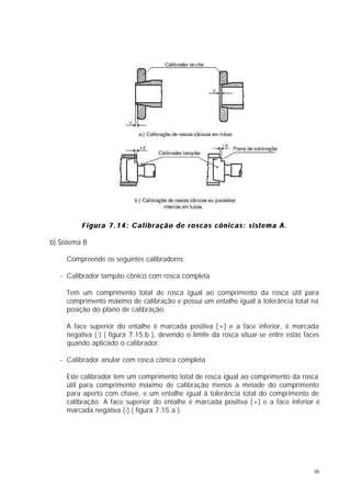 Figura 7.14: Calibração de roscas cônicas: sistema A.

b) Sistema B

     Compreende os seguintes calibradores:

   - Calibrador tampão cônico com rosca completa

     Tem um comprimento total de rosca igual ao comprimento da rosca útil para
     comprimento máximo de calibração e possui um entalhe igual à tolerância total na
     posição do plano de calibração.

     A face superior do entalhe é marcada positiva (+) e a face inferior, é marcada
     negativa (-) ( figura 7.15.b ), devendo o limite da rosca situar-se entre estas faces
     quando aplicado o calibrador.

   - Calibrador anular com rosca cônica completa

     Este calibrador tem um comprimento total de rosca igual ao comprimento da rosca
     útil para comprimento máximo de calibração menos a metade do comprimento
     para aperto com chave, e um entalhe igual à tolerância total do comprimento de
     calibração. A face superior do entalhe é marcada positiva (+) e a face inferior é
     marcada negativa (-) ( figura 7.15.a ).




                                                                                        10
 