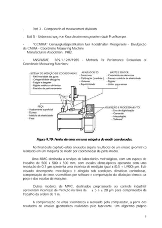 .     Part 3 - Components of measurement diviation

. Batt 5 - Ueberwachung von Koordinatenmessgeraeten duch Pruefkoerper.

-    “CCMMA” Genauigkeitsspezifikation fuer Koordinaten Messgeraete - Divulgação
da CMMA - Coordinate Measuring Machine
  Manufacturers Association, 1982.

-     ANSI/ASME      B89.1.12M/1985 - Methods for Perfamance Evoluation of
Coordinate Measuring Machines;




         Figura 9.10: Fontes de erros em uma máquina de medir coordenadas.

       Ao final deste capítulo estão anexados alguns resultados de um ensaio geométrico
realizado em um máquina de medir por coordenadas de porte médio.

       Uma MMC destinada a serviços de laboratórios metrológicos, com um espaço de
trabalho de 500 x 500 x 500 mm, com escalas eletro-ópticas operando com uma
resolução de 0,1 µm apresenta uma incerteza de medição igual ± (0,5 + L/900) µm. Este
elevado desempenho metrológico é atingido sob condições climáticas controladas,
compensação de erros sistemáticos por software e compensação da dilatação térmica da
peça e das escalas da máquina.

       Outros modelos de MMC, destinados propriamente ao controle industrial
apresentam incertezas de medição na faixa de ± 5 a ± 20 µm para comprimentos de
trabalho da ordem de 1 m.

       A compensação de erros sistemáticos é realizada pelo computador, a partir dos
resultados de ensaios geométricos realizados pelo fabricante. Um algoritmo próprio


                                                                                     9
 