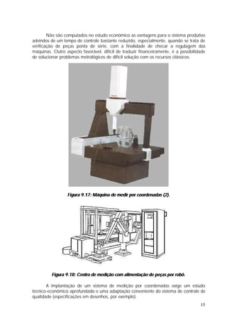 Não são computados no estudo econômico as vantagens para o sistema produtivo
advindos de um tempo de controle bastante reduzido, especialmente, quando se trata de
verificação de peças ponta de série, com a finalidade de checar a regulagem das
máquinas. Outro aspecto favorável, difícil de traduzir financeiramente, é a possibilidade
de solucionar problemas metrológicos de difícil solução com os recursos clássicos.




                  Figura 9.17: Máquina de medir por coordenadas (2).




         Figura 9.18: Centro de medição com alimentação de peças por robô.

       A implantação de um sistema de medição por coordenadas exige um estudo
técnico-econômico aprofundado e uma adaptação conveniente do sistema de controle de
qualidade (especificações em desenhos, por exemplo).
                                                                                      15
 