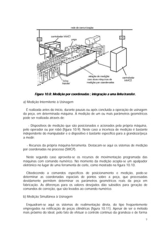 Figura 10.8: Medição por coordenadas ; integração a uma linha transfer.

a) Medição Intermitente à Usinagem

  É realizada antes do início, durante pausas ou após concluída a operação de usinagem
da peça, em determinada máquina. A medição de um ou mais parâmetros geométricos
pode ser realizada através de:

    - Dispositivos de medição que são posicionados e acionados pela própria máquina,
pelo operador ou por robô (figura 10.9). Neste caso a incerteza de medição é bastante
independente do manipulador e o dispositivo é bastante específico para a grandeza/peça
a medir;

  - Recursos da própria máquina-ferramenta. Destacam-se aqui os sistemas de medição
por coordenadas no processo (SMCP).

  Neste segundo caso aproveita-se os recursos de movimentação programada das
máquinas com comando numérico. No momento da medição acopla-se um apalpador
eletrônico no lugar de uma ferramenta de corte, como mostrado na figura 10.10.

  Obedecendo a comandos específicos de posicionamento e medição, pode-se
determinar as coordenadas espaciais de pontos sobre a peça, que processadas
devidamente permitem determinar os parâmetros geométricos reais da peça em
fabricação. As diferenças para os valores desejados dão subsídios para geração de
comandos de correção, que são levados ao comando numérico.

b) Medição Simultânea à Usinagem

  Enquadram-se aqui os sistemas de realimentação direta, do tipo freqüentemente
empregados na retificação de peças cilíndricas (figura 10.11). Apesar de ser o método
mais próximo do ideal, pelo fato de efetuar o controle contínuo da grandeza e de forma

                                                                                     7
 