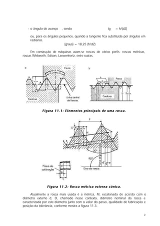 - o ângulo de avanço ∅, sendo                          tg ∅ = h/(d2)

     ou, para os ângulos pequenos, quando a tangente fica substituída por ângulos em
     radianos.
                          ∅ (graus) = 18,25 (h/d2)

     Em construção de máquinas usam-se roscas de vários perfis: roscas métricas,
roscas Whitworth, Edison, Laewenhertz, entre outras.




             Figura 11.1: Elementos principais de uma rosca.




                Figura 11.2: Rosca métrica externa cônica.

     Atualmente a rosca mais usada é a métrica, M, escalonada de acordo com o
diâmetro externo d, D, chamado nesse contexto, diâmetro nominal da rosca e
caracterizada por este diâmetro junto com o valor do passo, qualidade de fabricação e
posição da tolerância, conforme mostra a figura 11.3.

                                                                                   2
 
