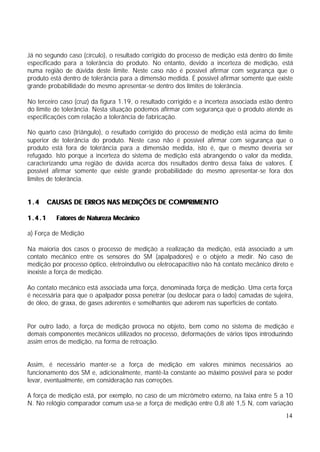 Já no segundo caso (círculo), o resultado corrigido do processo de medição está dentro do limite
especificado para a tolerância do produto. No entanto, devido a incerteza de medição, está
numa região de dúvida deste limite. Neste caso não é possível afirmar com segurança que o
produto está dentro de tolerância para a dimensão medida. É possível afirmar somente que existe
grande probabilidade do mesmo apresentar-se dentro dos limites de tolerância.

No terceiro caso (cruz) da figura 1.19, o resultado corrigido e a incerteza associada estão dentro
do limite de tolerância. Nesta situação podemos afirmar com segurança que o produto atende as
especificações com relação a tolerância de fabricação.

No quarto caso (triângulo), o resultado corrigido do processo de medição está acima do limite
superior de tolerância do produto. Neste caso não é possível afirmar com segurança que o
produto está fora de tolerância para a dimensão medida, isto é, que o mesmo deveria ser
refugado. Isto porque a incerteza do sistema de medição está abrangendo o valor da medida,
caracterizando uma região de dúvida acerca dos resultados dentro dessa faixa de valores. É
possível afirmar somente que existe grande probabilidade do mesmo apresentar-se fora dos
limites de tolerância.


1.4     CAUSAS DE ERROS NAS MEDIÇÕES DE COMPRIMENTO

1.4.1     Fatores de Natureza Mecânico

a) Força de Medição

Na maioria dos casos o processo de medição a realização da medição, está associado a um
contato mecânico entre os sensores do SM (apalpadores) e o objeto a medir. No caso de
medição por processo óptico, eletroindutivo ou eletrocapacitivo não há contato mecânico direto e
inexiste a força de medição.

Ao contato mecânico está associada uma força, denominada força de medição. Uma certa força
é necessária para que o apalpador possa penetrar (ou deslocar para o lado) camadas de sujeira,
de óleo, de graxa, de gases aderentes e semelhantes que aderem nas superfícies de contato.


Por outro lado, a força de medição provoca no objeto, bem como no sistema de medição e
demais componentes mecânicos utilizados no processo, deformações de vários tipos introduzindo
assim erros de medição, na forma de retroação.


Assim, é necessário manter-se a força de medição em valores mínimos necessários ao
funcionamento dos SM e, adicionalmente, mantê-la constante ao máximo possível para se poder
levar, eventualmente, em consideração nas correções.

A força de medição está, por exemplo, no caso de um micrômetro externo, na faixa entre 5 a 10
N. No relógio comparador comum usa-se a força de medição entre 0,8 até 1,5 N, com variação
                                                                                               14
 