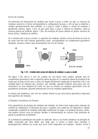 b) Erro de Contato

Os elementos do instrumento de medição que tocam a peça a medir, ou seja, os sensores de
medição, devem ter a forma correspondente a configuração da peça, a fim de que se obtenha o
contato geometricamente bem definido: se a peça a medir é plana, o sensor de medição é
geralmente esférico, figura 1.25a. Se por outro lado, a peça é esférica ou cilíndrica, usam-se
sensores planos de medição, figura 1.25b. Na medição de roscas utilizam-se pontas sensoras de
forma cônica, cilíndrica ou esférica.

Se o contato entre a peça a medir e a superfície de medição, devido a erros de forma de uma ou
de outra não tem uma relação geométrica exata, correspondente ao recobrimento geométrico
desejado, acontece então o que denominamos de erro do contato.

        a)                      b)        peça                     c)
                                                                                   peça
                                                                            β


                                                                        B

                     peça                                               A
                                                                                Erro de contato

              Fig. 1.25 – Contato entre sensor do sistema de medição e a peça a medir.

Na figura 1.25c tem-se o erro de contato em sua forma mais simples, quando não há
recobrimento geométrico entre a superfície plana da peça A e a superfície plana de medição B de
modo que as duas tocam uma a outra em ângulo (fortemente exagerado no desenho). Este é um
exemplo típico de situação que acontece, por exemplo, quando medimos uma peça com um
micrômetro ou uma máquina de medir em que os sensores de medição apresentam erros de
paralelismo acentuado, gerando efetivamente erros de medição significativos.

A maioria dos problemas com erro de contato elimina-se por uma forma geométrica impecável
das superfícies de medição.

c) Relações Geométricas de Posição:

Erros geométricos de posição de medição são evitados, de forma mais segura pelo emprego do
método da substituição. A dimensão da peça é captada com auxilio de um dispositivo e depois
comparado a padrões de medição colocados exatamente no lugar e na posição da peça. Assim,
não podem ocorrer erros de posição devidos a movimentação de cursores (não perfeição de
guias) ou problemas semelhantes.

Se o método da substituição não puder ser aplicado, deve-se ao menos obedecer ao princípio de
ABBE, enunciado por Ernst Abbé, que exige que “o trecho a medir deve constituir o
prolongamento retilíneo da escala que serve como dispositivo de medição”. Ambos, trecho a
                                                                                                  22
 