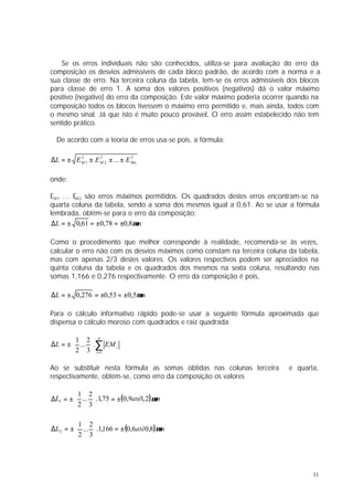 Se os erros individuais não são conhecidos, utiliza-se para avaliação do erro da
composição os desvios admissíveis de cada bloco padrão, de acordo com a norma e a
sua classe de erro. Na terceira coluna da tabela, tem-se os erros admissíveis dos blocos
para classe de erro 1. A soma dos valores positivos (negativos) dá o valor máximo
positivo (negativo) do erro da composição. Este valor máximo poderia ocorrer quando na
composição todos os blocos tivessem o máximo erro permitido e, mais ainda, todos com
o mesmo sinal. Já que isto é muito pouco provável, O erro assim estabelecido não tem
sentido prático.

  De acordo com a teoria de erros usa-se pois, a fórmula:

∆L = ± E M 1 ± E M 2 ± ... ± E Mn
         2       2             2




onde:

EM1 ... EM2 são erros máximos permitidos. Os quadrados destes erros encontram-se na
quarta coluna da tabela, sendo a soma dos mesmos igual a 0,61. Ao se usar a fórmula
lembrada, obtém-se para o erro da composição:
 ∆L = ± 0,61 = ±0,78 = ±0,8µm

Como o procedimento que melhor corresponde à realidade, recomenda-se às vezes,
calcular o erro não com os desvios máximos como constam na terceira coluna da tabela,
mas com apenas 2/3 destes valores. Os valores respectivos podem ser apreciados na
quinta coluna da tabela e os quadrados dos mesmos na sexta coluna, resultando nas
somas 1,166 e 0,276 respectivamente. O erro da composição é pois,

∆L = ± 0,276 = ±0,53 = ±0,5µm

Para o cálculo informativo rápido pode-se usar a seguinte fórmula aproximada que
dispensa o cálculo moroso com quadrados e raiz quadrada.


∆L = ±  ... .∑ EM i
         1 2 n
            
        2 3  i =1

Ao se substituir nesta fórmula as somas obtidas nas colunas terceira         e quarta,
respectivamente, obtém-se, como erro da composição os valores

        1 2
∆L1 = ± ... .1,75 = ±(0,9até1, 2)µm
        2 3


∆L2 = ± ... .1,166 = ± (0,6até 0,8)µm
         1 2
            
       2 3




                                                                                     11
 
