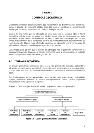 Capítulo 1

                               CONTROLE GEOMÉTRICO

O controle geométrico trata basicamente dos procedimentos de determinação de dimensões,
forma e posição de elementos sólidos. Para isto deve-se considerar o comportamento
metrológico do sistema de medição e a condição do objeto a medir.

Deve-se ter em mente que na fabricação de uma peça não se consegue obter a forma
geométrica perfeita, assim ao usinar um cilindro tem-se erros de circularidade na seção
transversal. Se este cilindro foi usinado em um torno comum, um torno de precisão ou uma
retifica, naturalmente e de se esperar que os erros de circularidade sejam, respectivamente, de
valor decrescente. Quanto mais sofisticado o processo de fabricação, menor será o valor da
tolerância de fabricação estipulada para a geometria em questão.

Desse modo, para garantir que os desvios de fabricação não prejudiquem a montagem e o
funcionamento perfeito das peças, o controle geométrico passa a ser necessário e é realizado
através de especificações de tolerâncias geométricas.


1.1    TOLERÂNCIA GEOMÉTRICA

Os desvios geométricos permissíveis para a peça são previamente indicados, aplicando-se
tolerâncias geométricas que são os limites dentro dos quais as dimensões e formas geométricas
possam variar sem que haja comprometimento do funcionamento e intercambiabilidade das
peças.

Tais desvios podem ser macrogeométricos, sendo desvios macroscópicos como retilineidade,
planeza, dimensões nominais e desvios microgeométricos, sendo desvios superficiais
microscópicos como rugosidade e aspereza.

A figura 1.1 ilustra os tipos de tolerâncias que compõem as tolerâncias geométricas.

                                Tolerâncias Geométricas



          Tolerância Dimensional                          Desvios de Forma




 Tolerância      Tolerância      Tolerância       Tolerância      Tolerância
     de              de              de               de              de          Rugosidade
 Orientação      Localização     Movimento         Forma          Ondulação

                     Figura 1.1 – Quadro geral das Tolerâncias Geométricas.



                                                                                               1
 